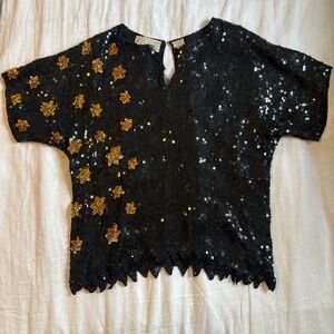 Vintage Rina Z. Black Sequin Silk Short Sleeve Starry Night Party Top Sz M